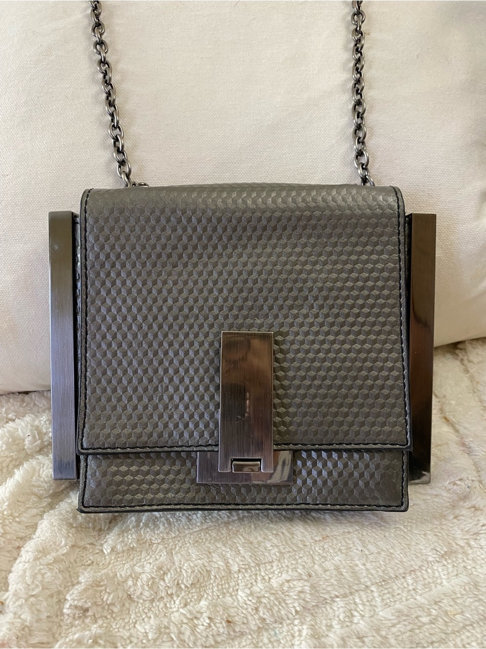 Zac Posen Mini Loren Embossed Leather Bag With Bold Pewter Hardware & Chain
